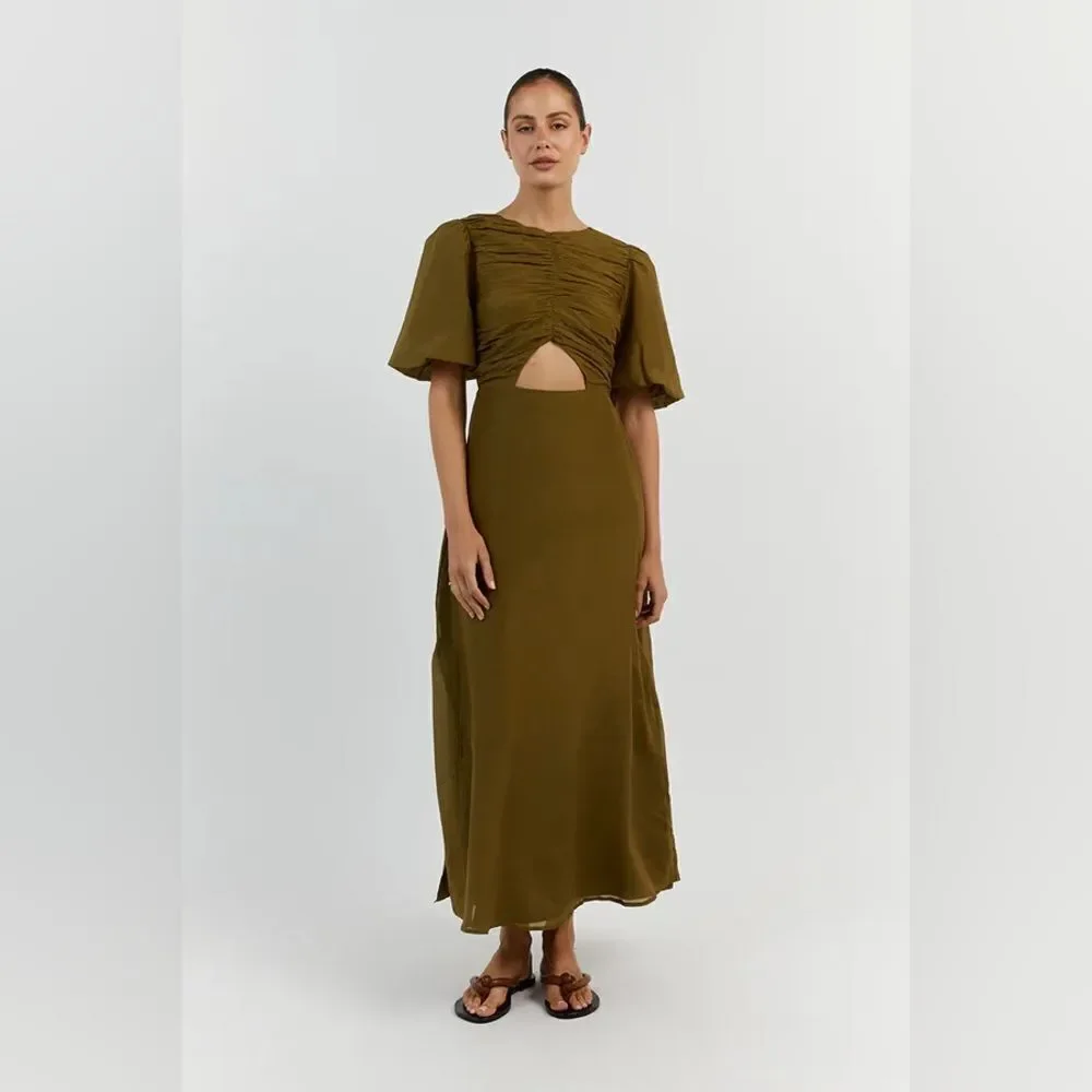 NWT DISSH FRANKIE OLIVE CUT OUT MIDI DRESS in Olive